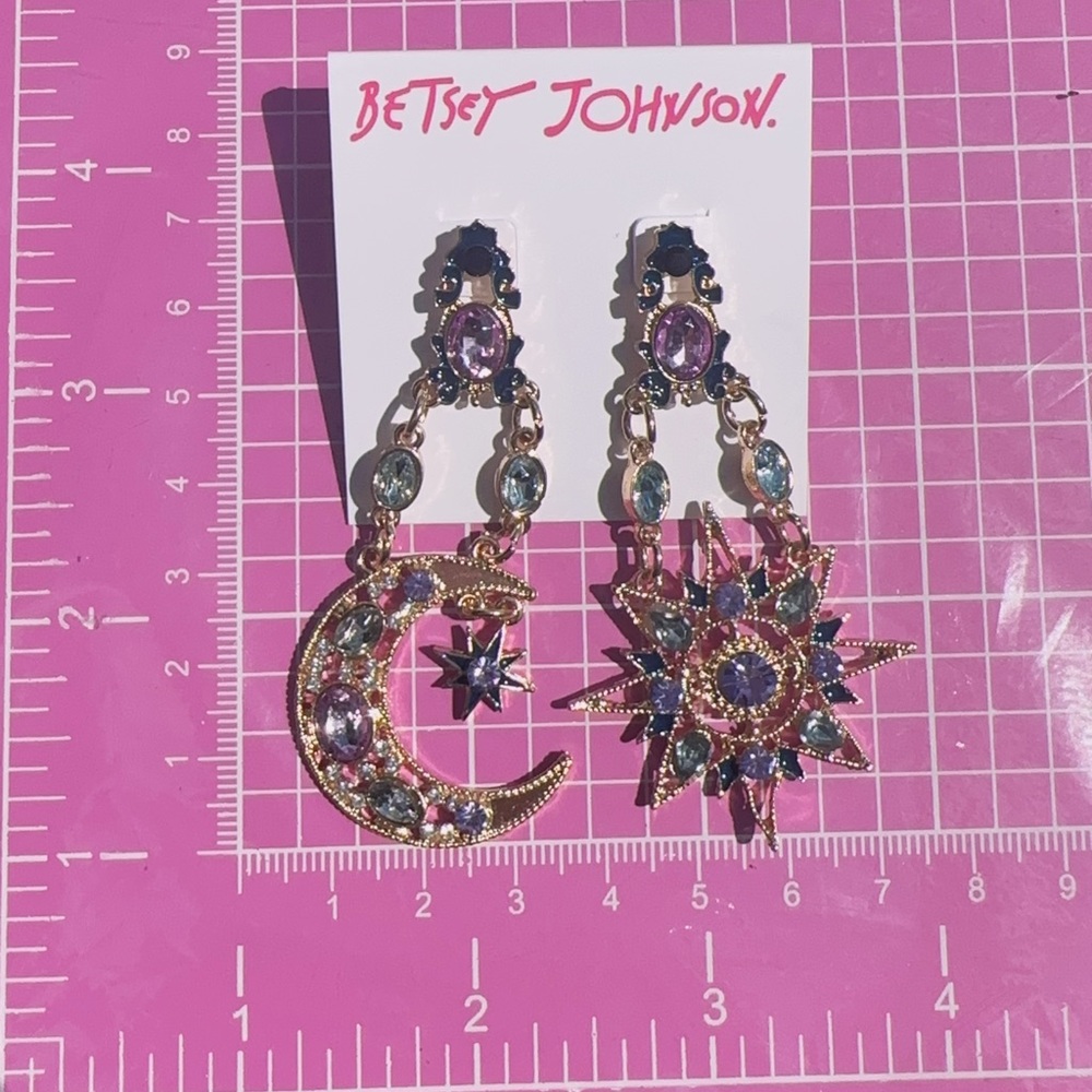 Betsey Johnson sun and moon purple white stones earrings drops gold tone - Picture 2 of 4